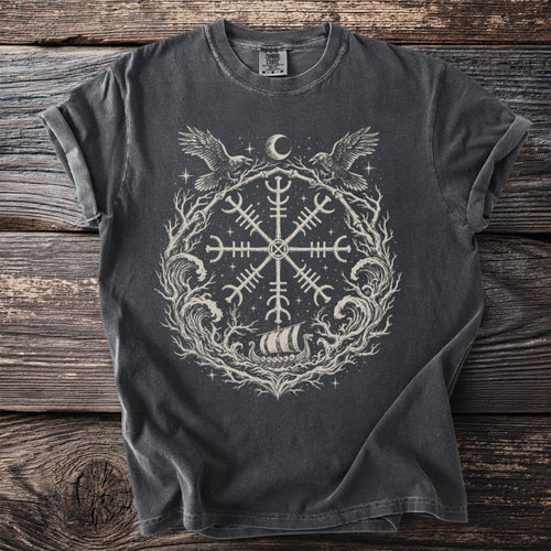 Dark grey t-shirt with a circular Norse design featuring ravens, moon, and a Viking ship.