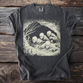 Dark gray t-shirt with cream-colored skeletal figures emerging from water.