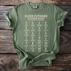 Green t-shirt with Elder Futhark 24 Norse Runes, names, and meanings printed on chest.