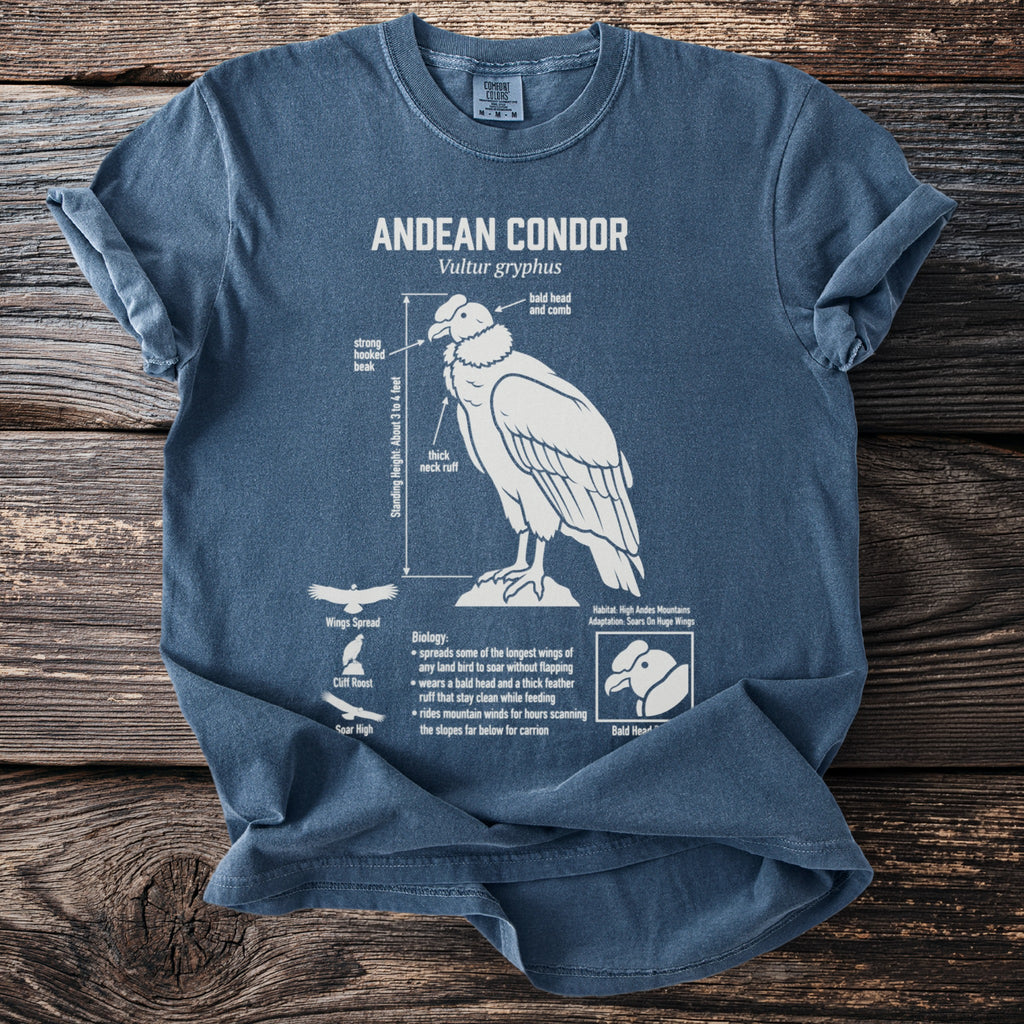 Blue t-shirt with an informational graphic about the Andean Condor.