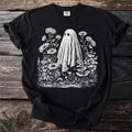 Black t-shirt with a white graphic of a ghost in a flower garden.