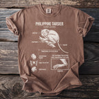 Brown t-shirt with Philippine Tarsier diagram, showing anatomy and facts.