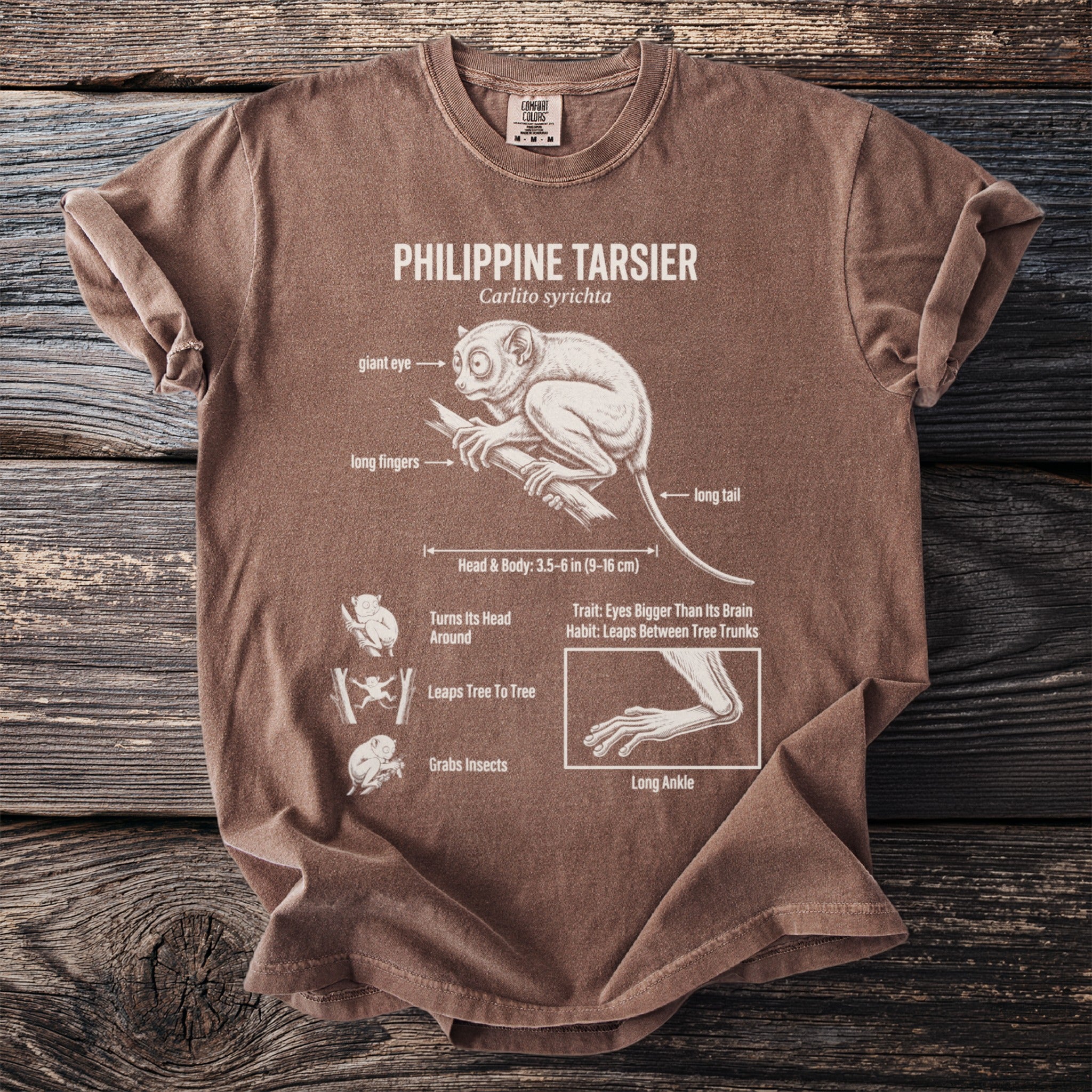 Brown t-shirt with Philippine Tarsier diagram, showing anatomy and facts.
