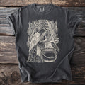 Dark grey t-shirt with a cream linocut-style design of a witch stirring a cauldron with a raven watching.