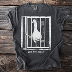 Dark gray t-shirt with a goose in a cage graphic and "got too silly" text.