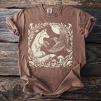 Brown t-shirt with a cream illustration of a fox and raven in a forest clearing.