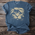 Blue t-shirt with a tan graphic of a cat wearing a headband.