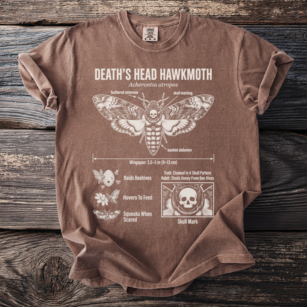 Brown t-shirt with Death's Head Hawkmoth diagram and facts.