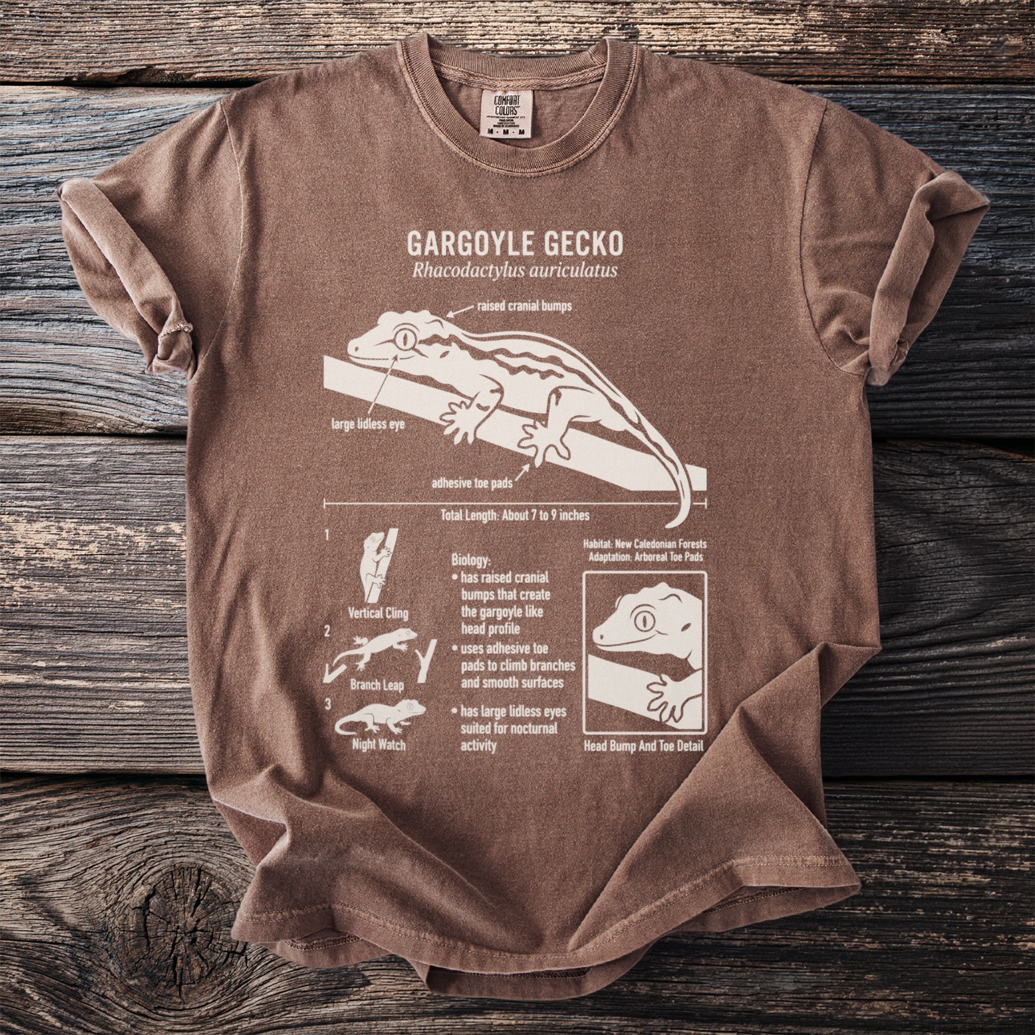 Brown t-shirt with a white diagram of a gargoyle gecko and its features.