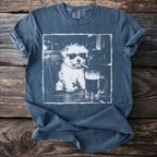 T-shirt with print of dog wearing sunglasses smoking and drinking beer.
