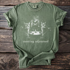 Green t-shirt with three cats sitting around a table with a candle, text "meeting adjourned".