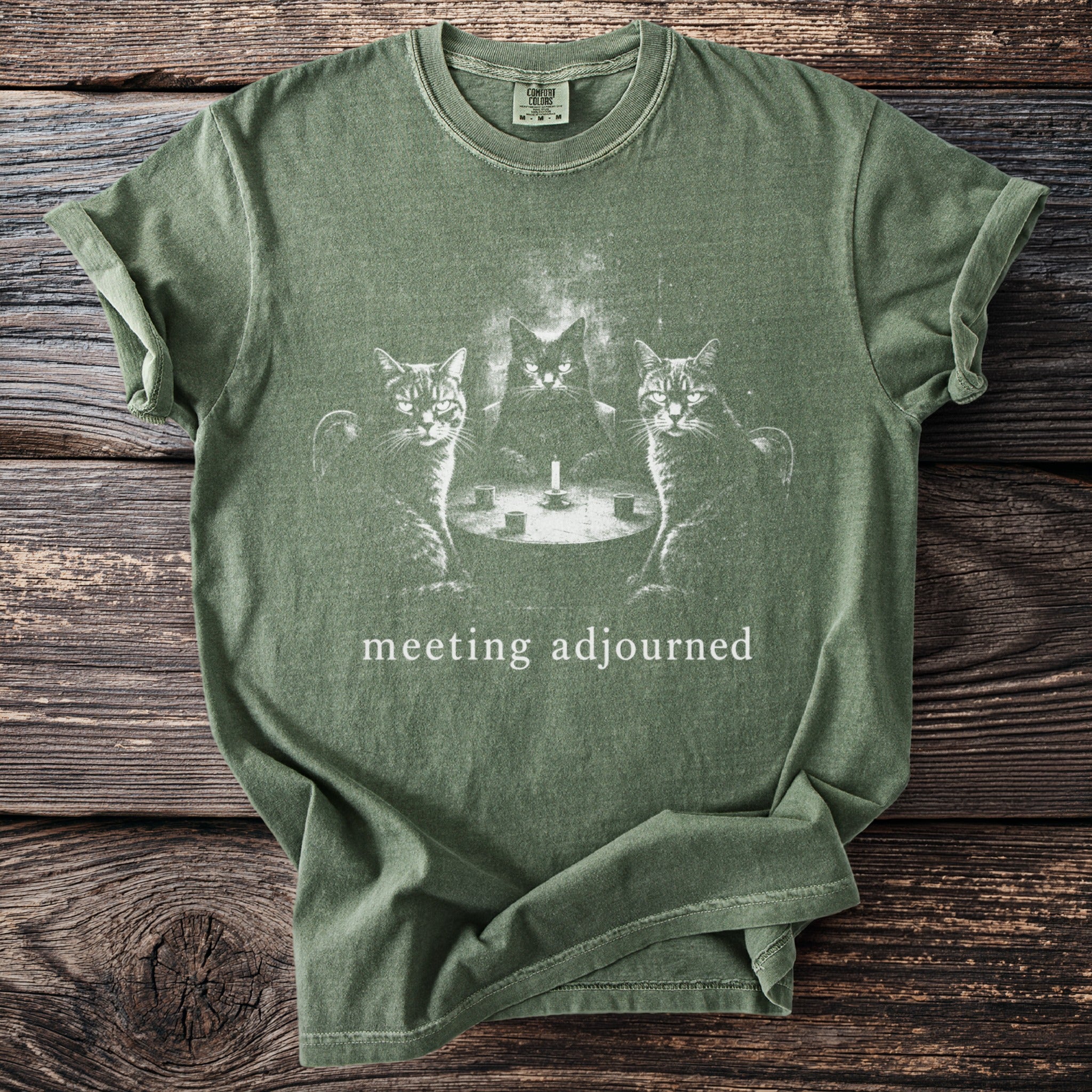Green t-shirt with three cats sitting around a table with a candle, text "meeting adjourned".