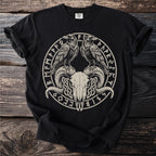 Black t-shirt with a circular design featuring ram skull, ravens, and runes.
