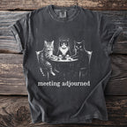 Three cats sit at a table with a candle, text reads "meeting adjourned".