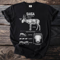 Black t-shirt with Saiga tatarica illustration, anatomical features, and facts.