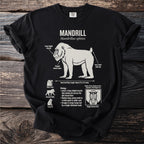 Black t-shirt with a scientific illustration and facts about the Mandrill.