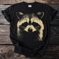 Black t-shirt with a close-up, vintage-style raccoon graphic.
