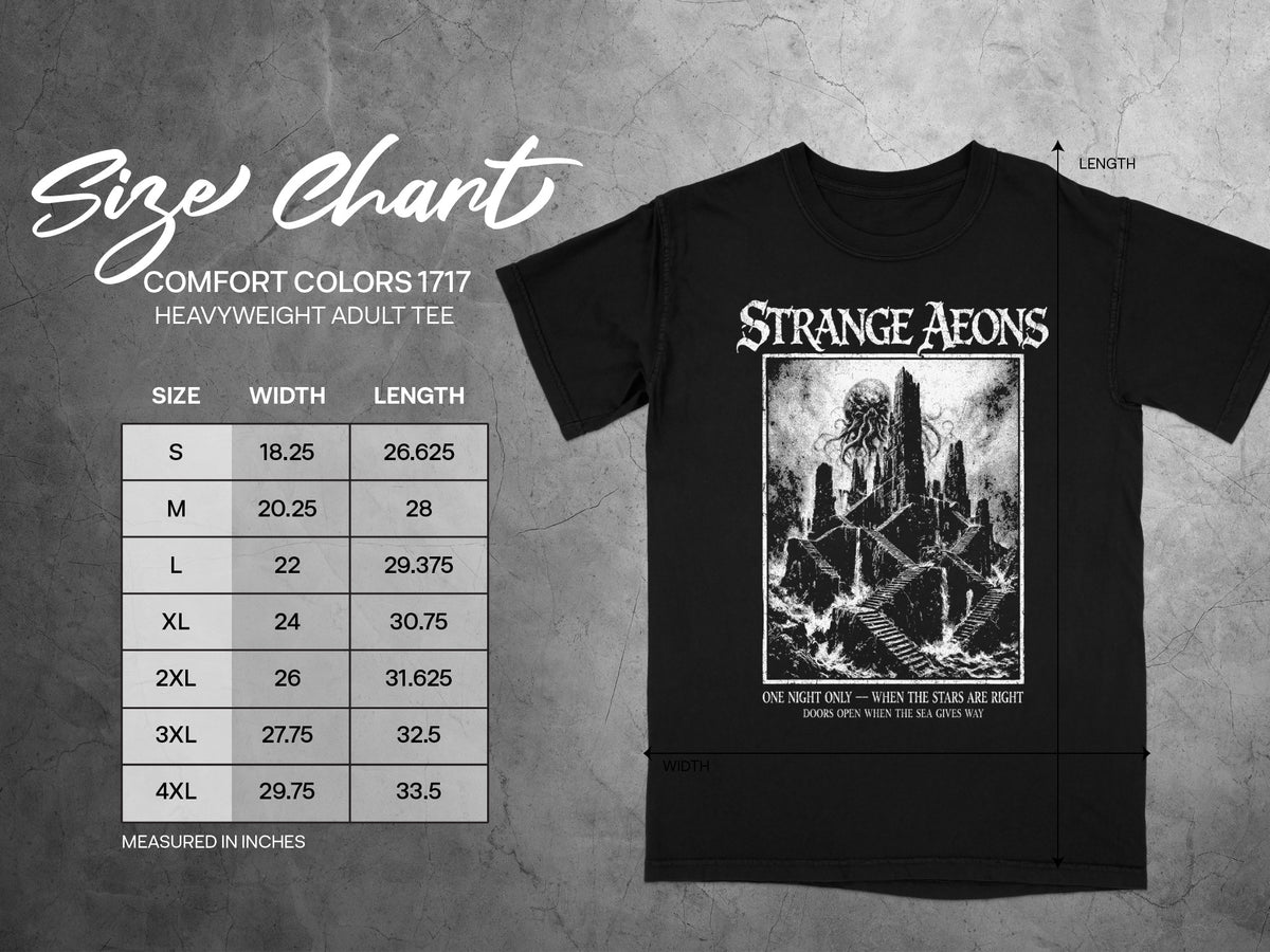 Size chart for Comfort Colors 1717 heavyweight adult tee with Strange Aeons graphic.