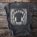 Charcoal t-shirt with a white graphic of robed figures in a circle around stars.