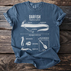 Blue t-shirt with diagram and facts about the Oarfish (Regalecus glesne).