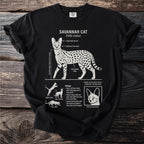 Savannah Cat diagram on a black t-shirt showing anatomy and behaviors.