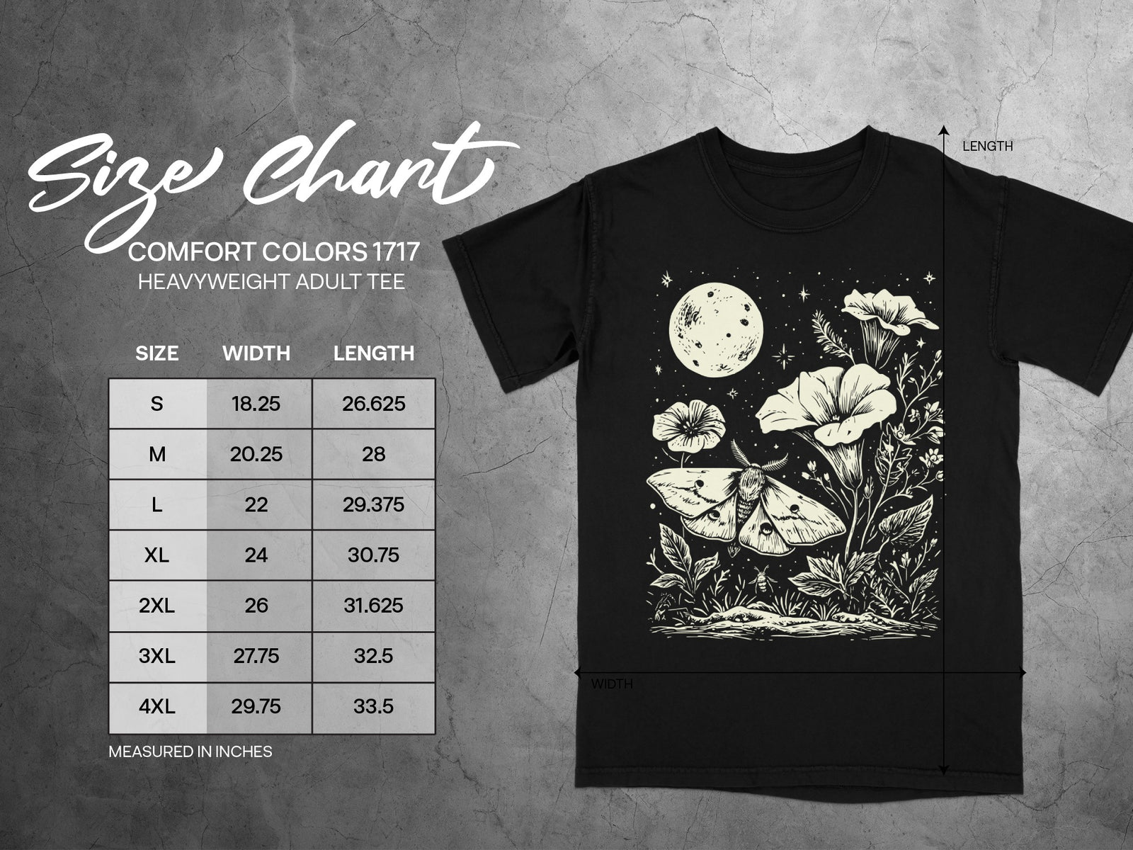 Comfort Colors 1717 heavyweight adult tee size chart with measurements in inches.