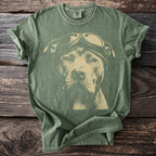Green t-shirt with a graphic of a pit bull wearing aviator goggles.