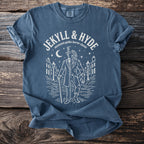 Blue t-shirt with "Jekyll & Hyde Stevenson gothic horror classic" text and illustration.