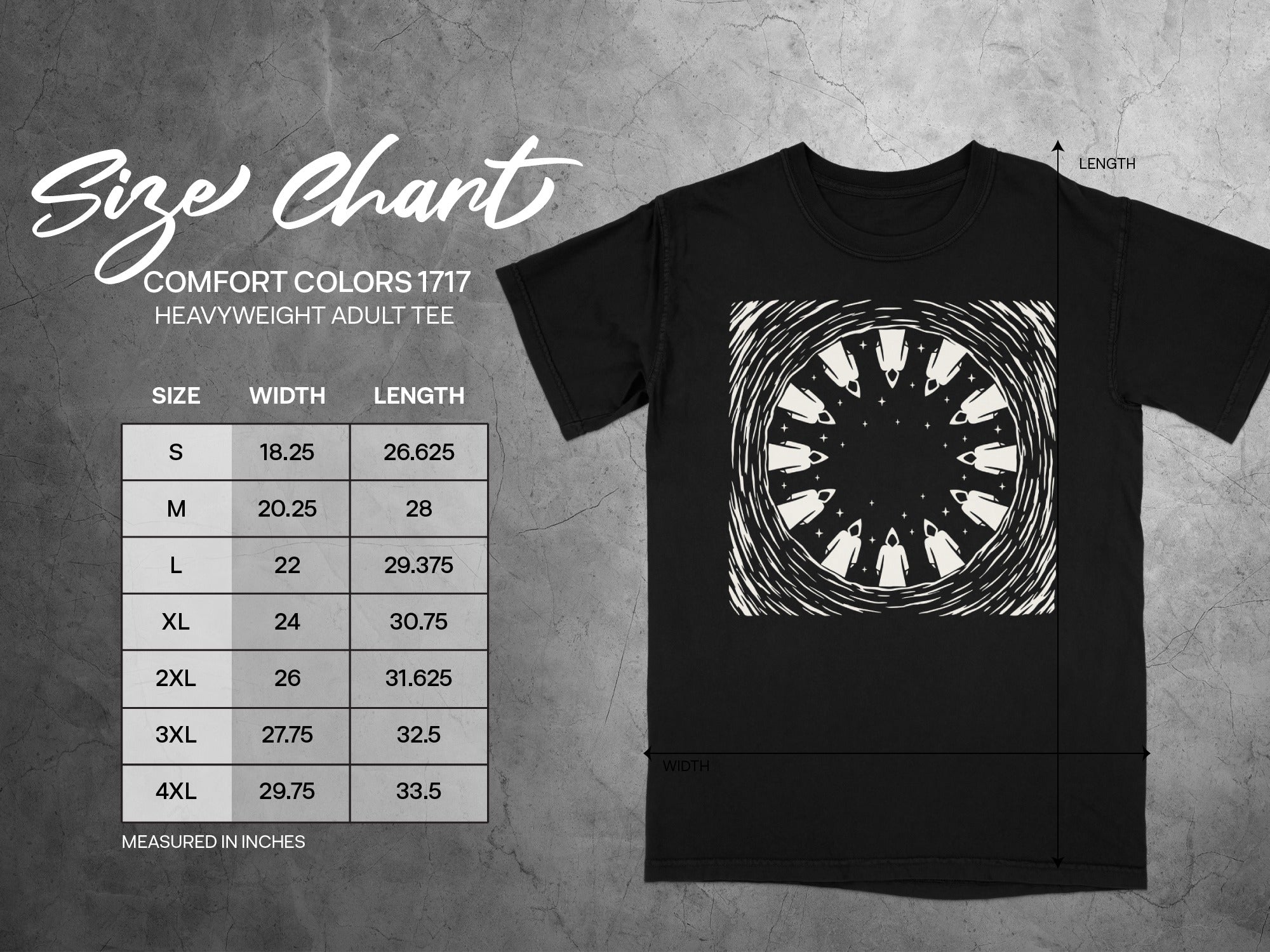 Comfort Colors 1717 heavyweight adult tee size chart with width and length measurements.