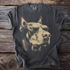 Dark gray t-shirt featuring a sepia tone graphic of a Doberman wearing aviator sunglasses.