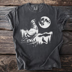 Dark t-shirt with a graphic of pigeons on a cliff under a full moon.