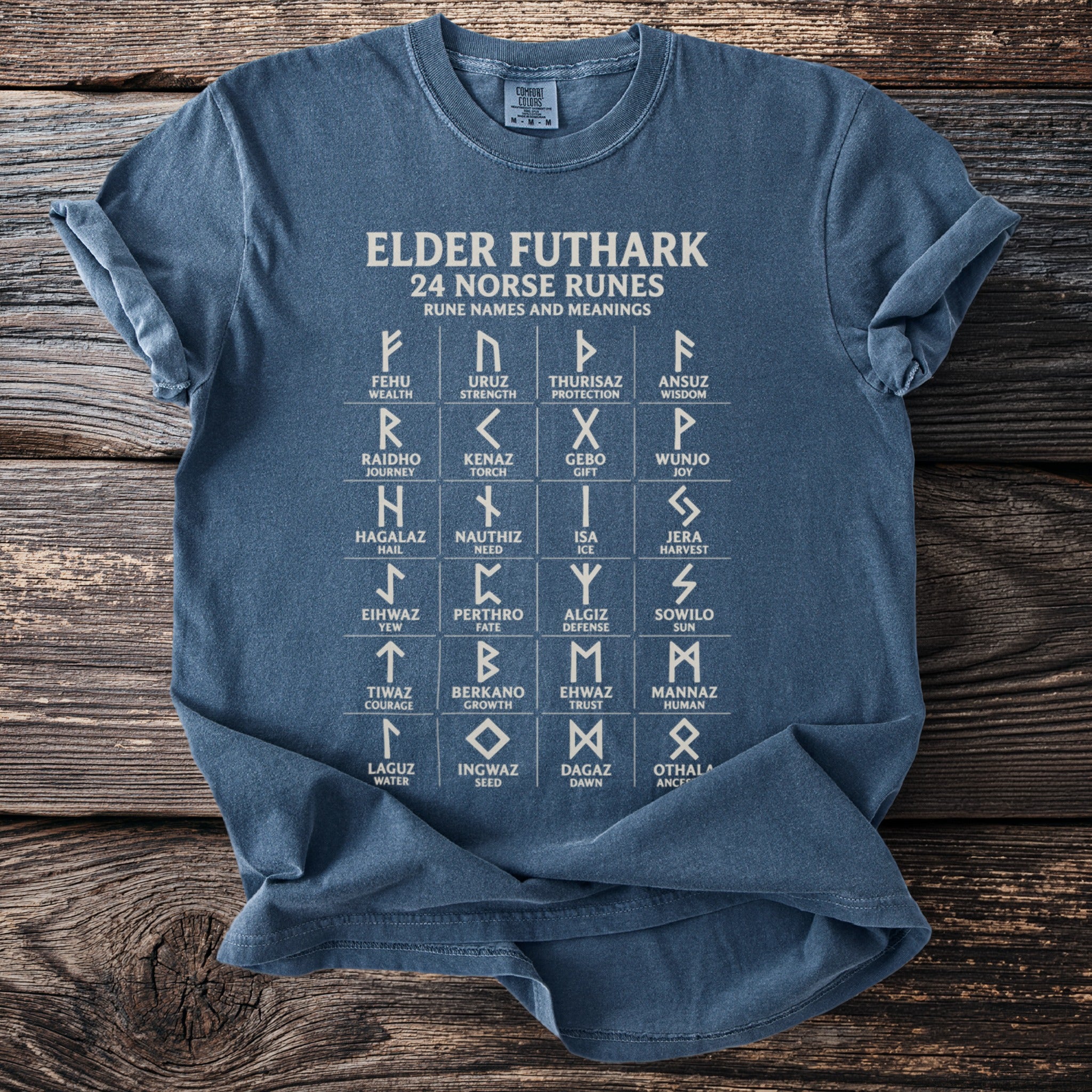 Blue t-shirt printed with Elder Futhark 24 Norse Runes and their meanings.