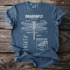 Blue t-shirt with dragonfly anatomical diagram, scientific names, and flight details.