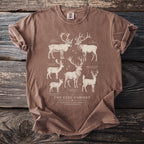 Brown t-shirt with "The Stag Cabinet" and illustrations of various deer species.