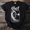 Black t-shirt with white graphic: "Gef," a ferret breaking through a wall, and text.