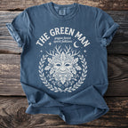Blue t-shirt with The Green Man design and text "pagan forest spirit folklore".