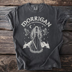 Morrigan Celtic War Goddess Raven graphic t-shirt with sword and axe.