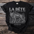 Black t-shirt with "LA BÊTE DU GÉVAUDAN" and a wolf-like creature.