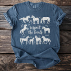 Blue t-shirt with white horse illustrations and "respect the locals" text.