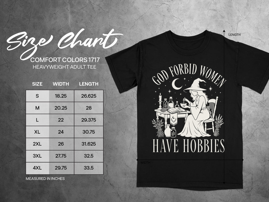 Size chart for Comfort Colors 1717 heavyweight adult tee with graphic.