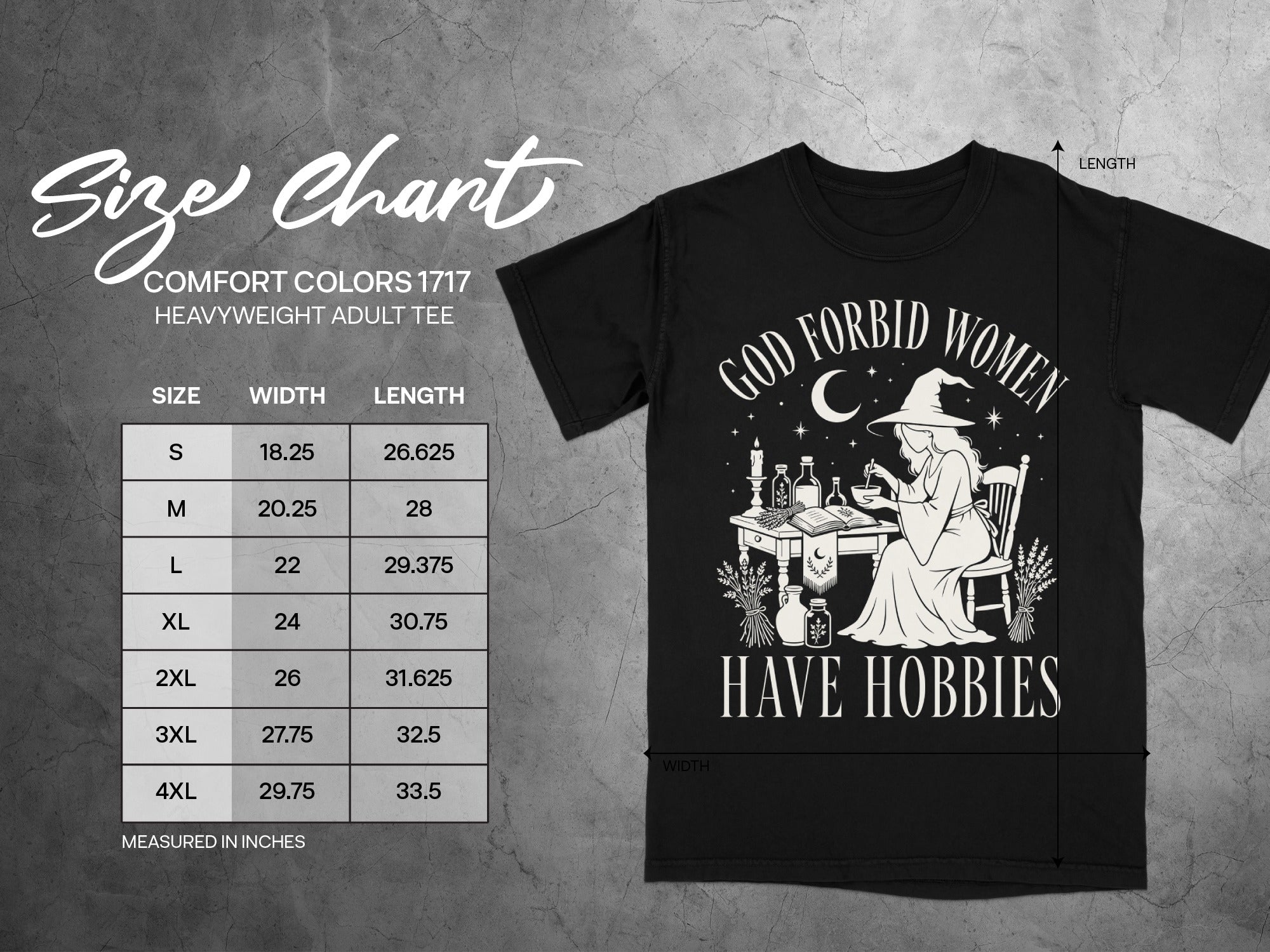 Size chart for Comfort Colors 1717 heavyweight adult tee with graphic.