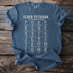 Blue t-shirt with "Elder Futhark 24 Norse Runes" and chart of runes.