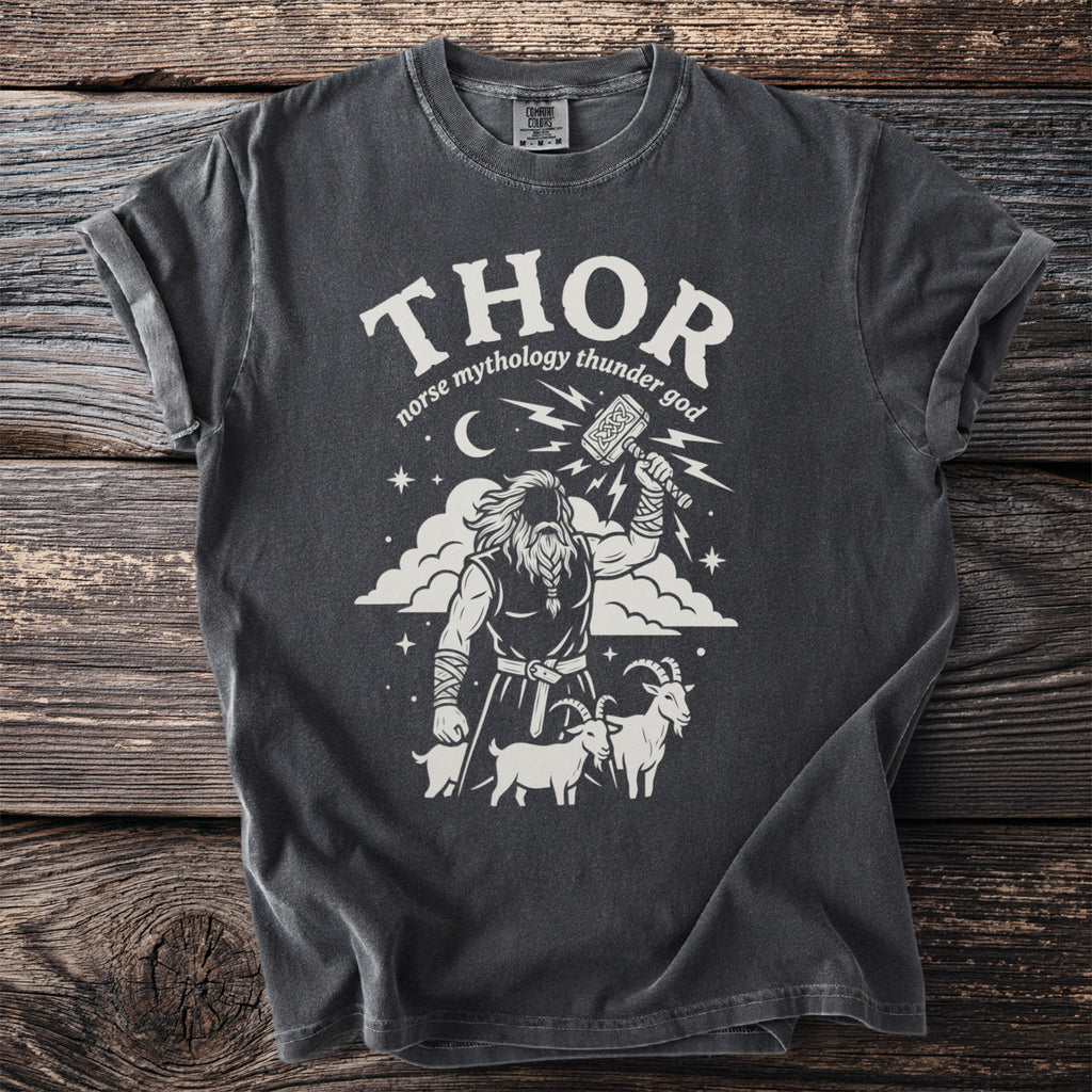 Dark grey t-shirt with Thor, Mjolnir, goats, and "thor norse mythology thunder god" text.