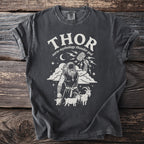 Dark grey t-shirt with Thor, Mjolnir, goats, and "thor norse mythology thunder god" text.