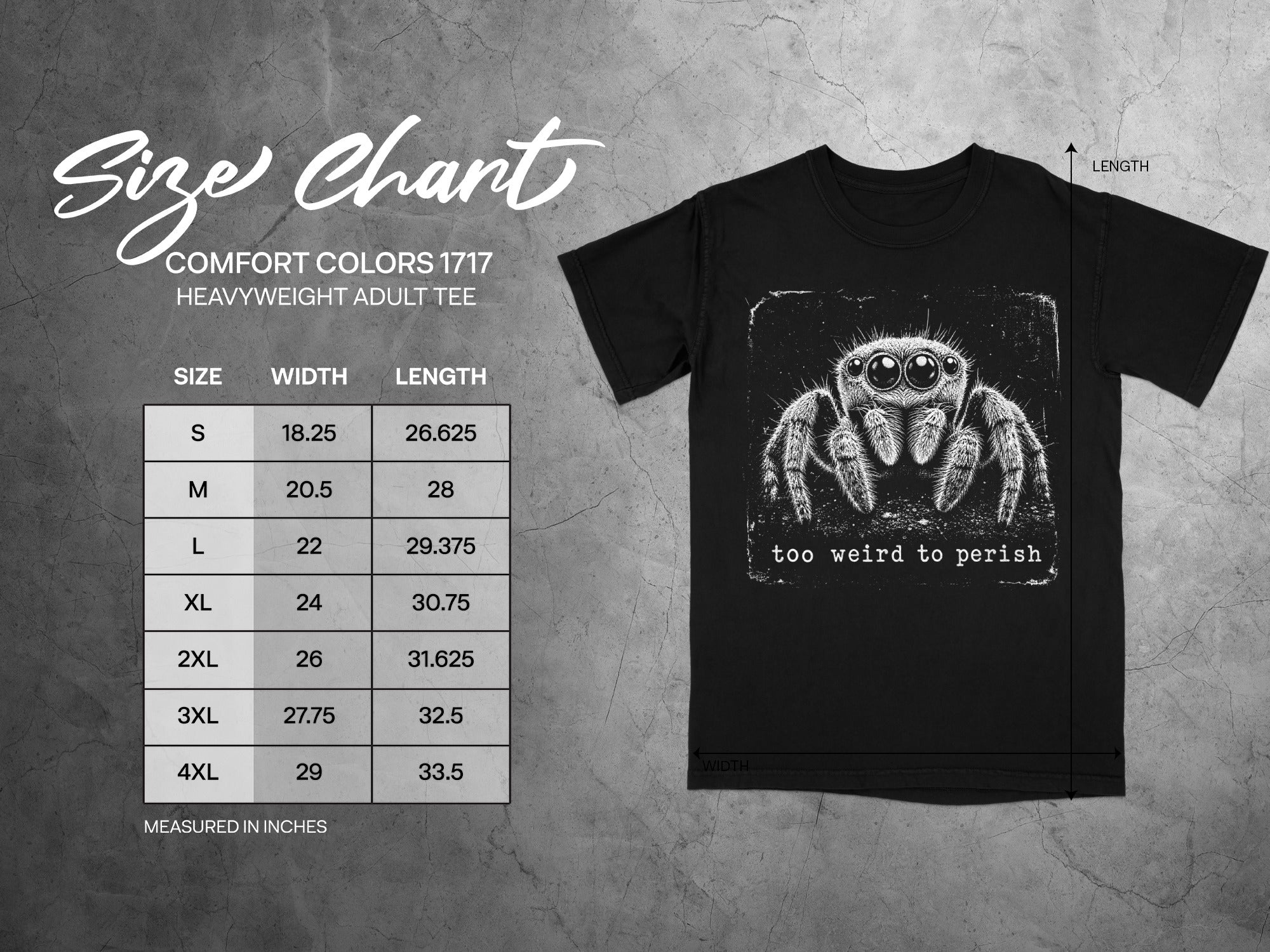 Size chart for Comfort Colors 1717 heavyweight adult tee with spider graphic.