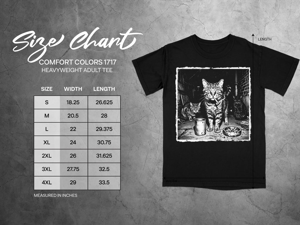 Comfort Colors 1717 garment size chart in inches.