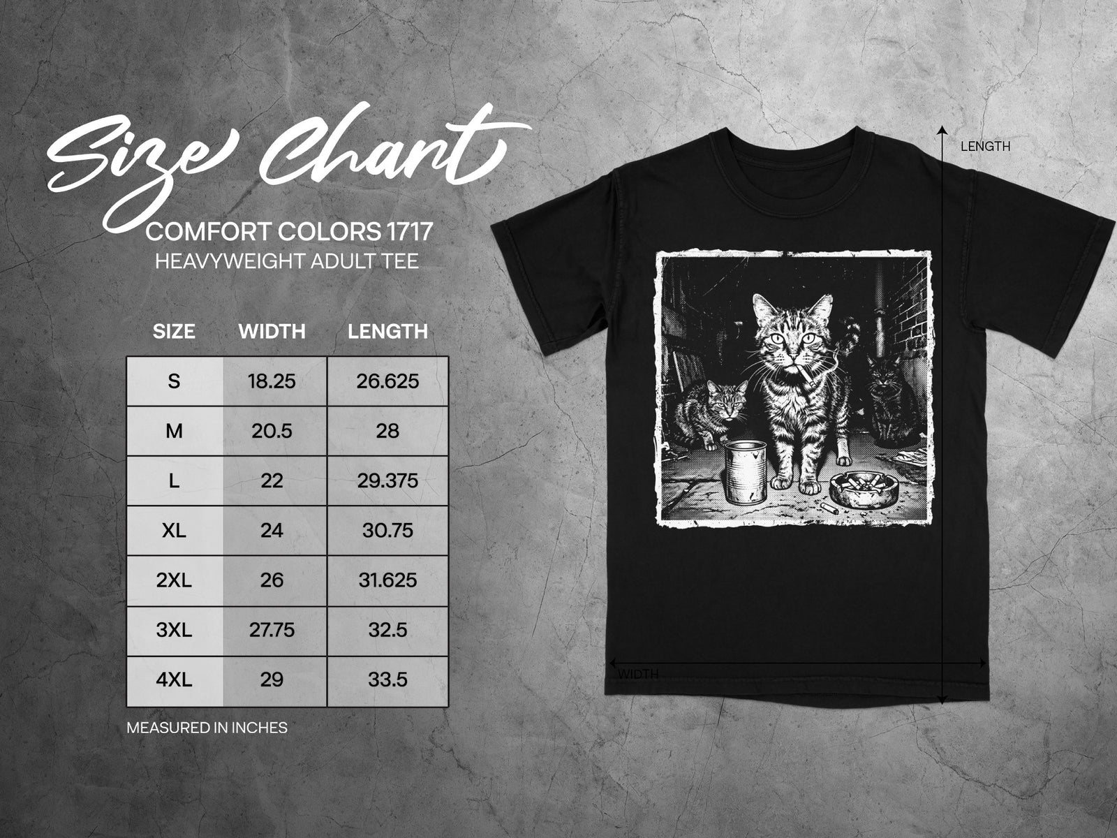 Comfort Colors 1717 garment size chart in inches.