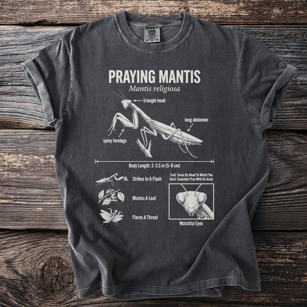 T-shirt with Praying Mantis diagram, detailing body length and traits.