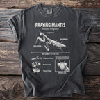 T-shirt with Praying Mantis diagram, detailing body length and traits.