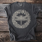 Dark gray t-shirt with a circular floral design featuring a dragonfly.